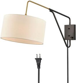 img 2 attached to 🛏️ Bedroom Swing Arm Wall Lamp with Plug-in or Wall Mount Option + Off-White Fabric Shade, 1-Light