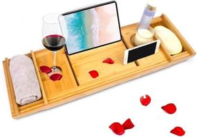 img 4 attached to 🛀 Bamboo Bath Caddy Tray with Wine Glass Holder, Book Stand, and Smartphone/Tablet Holder - Expandable Bathroom Organizer for an Enhanced Home Spa Retreat (Premium)