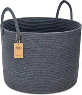 xxl cotton rope basket: 20''x15'' woven laundry & toy storage - long handles, dark gray logo