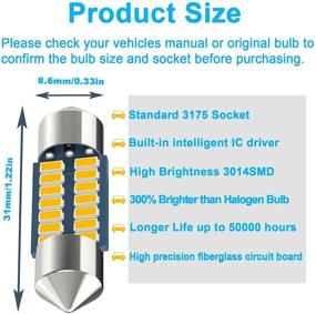 img 3 attached to Serundo Auto DE3175 LED Car Bulb 31mm 1.22in LED Festoon Bulb, DE3021 DE3022 DE3023 6428 6430 7065 LED Festoon Bulb, Interior LED Bulb for Car Map Dome Light, etc. - Pack of 4pcs in Amber Yellow