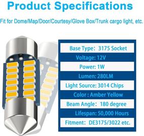 img 2 attached to Serundo Auto DE3175 LED Car Bulb 31mm 1.22in LED Festoon Bulb, DE3021 DE3022 DE3023 6428 6430 7065 LED Festoon Bulb, Interior LED Bulb for Car Map Dome Light, etc. - Pack of 4pcs in Amber Yellow