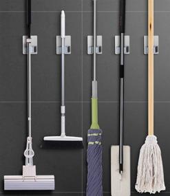 img 2 attached to Stainless Steel Broom and Mop Holder: Wall Mounted, Self Adhesive, Heavy Duty Organizer Rack for Kitchen, Garage, Closet, Pantry, and More - 4 Pack (Rectangle Gray)