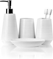 4 piece ceramic bathroom accessories set: toothbrush holder, soap dispenser, soap dish & tumbler - white oak collection by willow & ivory logo