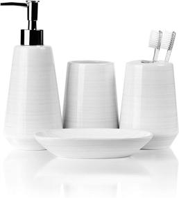 img 4 attached to 4 Piece Ceramic Bathroom Accessories Set: Toothbrush Holder, Soap Dispenser, Soap Dish & Tumbler - White Oak Collection by Willow & Ivory