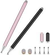2-pack universal disc stylus pens with 6 replacement tips - capacitive stylist pens for all touch screens: cell phones, ipad, tablet, laptops (black/rose gold) logo