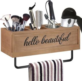 img 4 attached to Rustic Wooden Hair Dryer Holder: Wall Mounted Beauty Organizer with Towel Bar - Perfect for Hair Tools, Flat Iron, Curling Wand, Hair Straighteners, Towel Rack - Farmhouse Style