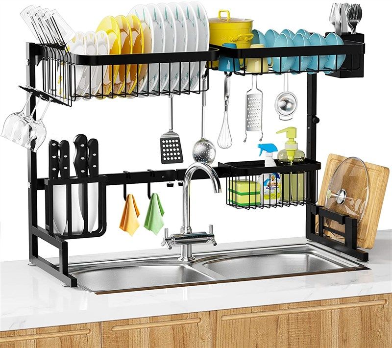 Over The Sink Dish Drying Rack,Adjustable,2 Tier Stainless Steel Dish Rack  Drainer, Large Stainless Steel Dish Rack Over Sink for Kitchen Counter  Organizer Storage Space Saver with Hooks (25.6-33.5) 