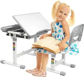 img 3 attached to 📚 Height Adjustable Kids Desk and Chair Set, Ergonomic Children's School Workstation with Storage Drawer - Grey