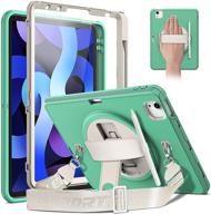 📱 rugged shockproof case for ipad air 4th gen 10.9 inch 2020 with hand shoulder strap, [360° rotating kickstand], full body protection, screen protector, pencil holder (light green) logo