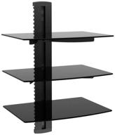 monoprice 3-tier glass shelf wall mount bracket with cable management system for electronic components in black (model 110480) logo