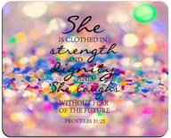 colored glitter background mouse pad bible verse proverbs 31:25 she is clothed in strength and dignity and she laughs without fear of the future rectangle non-slip rubber mouse pad logo