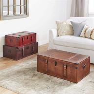 📦 stylish set of 3 deco 79 storage trunks: large brown, burgundy & tan leather with studs & buckles логотип