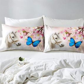 img 2 attached to Navy Blue Twin Size White Horse Bedding Set with Butterfly Animals Duvet Cover - Floral 🐴 Spring Comforter Cover for Kids Girls Women. Perfect for Western Cowboy Rustic Country Style Bedclothes. Includes 1 Pillowcase.