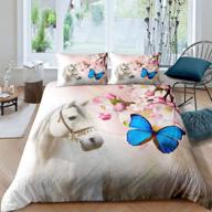 navy blue twin size white horse bedding set with butterfly animals duvet cover - floral 🐴 spring comforter cover for kids girls women. perfect for western cowboy rustic country style bedclothes. includes 1 pillowcase. logo