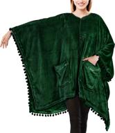 cozy green fleece poncho blanket for women - pavilia wearable blanket gift with pom pom fringe, pockets, and warm tv shawl sweater cape - perfect gifts for women logo