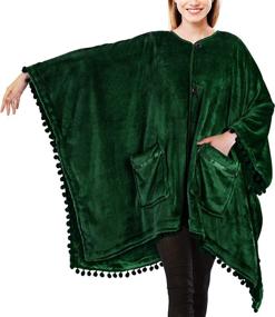 img 4 attached to Cozy Green Fleece Poncho Blanket for Women - PAVILIA Wearable Blanket Gift with Pom Pom Fringe, Pockets, and Warm TV Shawl Sweater Cape - Perfect Gifts for Women