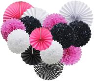 🎀 pink white black hanging paper party decorations: round paper fans set, paper pom poms flowers for minnie mouse theme birthday and zebra themed baby shower logo