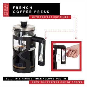 img 3 attached to Кофеварка Dwëllza Kitchen French Press - Ручка с 3-минутным таймером, 34 унции, Тройная система фильтрации, В комплекте 2 дополнительных фильтра, Стеклянная кофеварка French Press с защитой черный корпус.