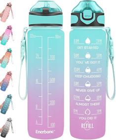 img 4 attached to 💧 Enerbone 32 Ounce Water Bottle with Time Markers and Straw, BPA-Free & Non-Toxic, Leakproof Drinking Bottle with Carrying Strap, Stay Hydrated for Fitness and Outdoor Activities, Green-Purple