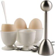 🥚 egg cracker topper set - easy shell removal for soft & hard boiled eggs, includes 1 egg cutter, 4 ceramic egg cups, and 4 spoons logo