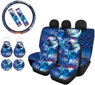 goyentu cute universe galaxy dolphin car seat covers combo: font rear set, steering wheel cushion, seat belt protectors, cup holder coasters, auto keychains - universal fit for trucks and sedans logo