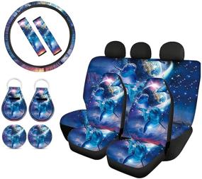 img 4 attached to Goyentu Cute Universe Galaxy Dolphin Car Seat Covers Combo: Font Rear Set, Steering Wheel Cushion, Seat Belt Protectors, Cup Holder Coasters, Auto Keychains - Universal Fit for Trucks and Sedans