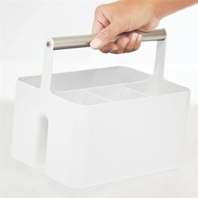 img 1 attached to 🚿 mDesign Plastic Portable Storage Organizer Caddy Tote for Bathroom and Dorm Room - Divided Basket Bin with Metal Handle, Ideal for Hand Soap, Body Wash, Shampoo, Conditioner, Lotion - White/Satin