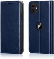📱 belemay iphone 11 wallet case, genuine cowhide leather flip cover with rfid blocking, card holder, soft tpu shell, book folio folding case, kickstand function - navy blue (2019 6.1 inch) logo