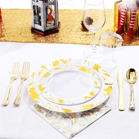 img 1 attached to 🌟 Premium Nervure 175PCS Gold Plastic Plates with Elegant Marble Print & Gold Plastic Silverware Set: 50 Plates, 25 Forks, 25 Knives, 25 Spoons, 25 Cups, 25 Napkins – Perfect for Thanksgiving Celebration!