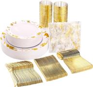 🌟 premium nervure 175pcs gold plastic plates with elegant marble print & gold plastic silverware set: 50 plates, 25 forks, 25 knives, 25 spoons, 25 cups, 25 napkins – perfect for thanksgiving celebration! logo