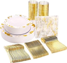 img 4 attached to 🌟 Premium Nervure 175PCS Gold Plastic Plates with Elegant Marble Print & Gold Plastic Silverware Set: 50 Plates, 25 Forks, 25 Knives, 25 Spoons, 25 Cups, 25 Napkins – Perfect for Thanksgiving Celebration!