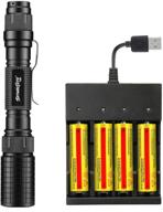 tokeyla thor fire 18650 flashlight bundle – 4pcs 3.7v 5000mah 18650 rechargeable batteries with 4 slot usb battery charger | high 4000 lumen zoomable camping and hiking flashlight (black) logo