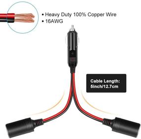 img 2 attached to 🔌 2 Socket Car Cigarette Lighter Splitter Adapter with 5 inch 16AWG Extension Cord - Powerful 2-Way Charger Port for 12V 24V Devices, UL Wire & 15A Fuses Included