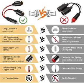 img 1 attached to 🔌 2 Socket Car Cigarette Lighter Splitter Adapter with 5 inch 16AWG Extension Cord - Powerful 2-Way Charger Port for 12V 24V Devices, UL Wire & 15A Fuses Included