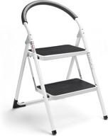 delxo two-step folding steel stepladder with handgrip, anti-slip pedal design, sturdy and wide, 330lbs capacity, white and black combo, 2 feet logo