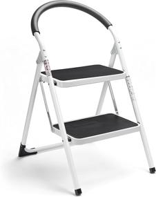 img 4 attached to Delxo Two-Step Folding Steel Stepladder with Handgrip, Anti-Slip Pedal Design, Sturdy and Wide, 330lbs Capacity, White and Black Combo, 2 Feet