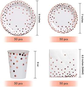 img 3 attached to 🎉 Превосходные 201 штук Hapray Одноразовые бумажные тарелки Розовое золото Партии - Очаровательные украшения для незабываемых торжественных мероприятий на день рождения и крещение в золотых горошинах, с тарелками, чашками, салфетками и пластиковым скатертью - Идеально подходит для вечеринок, свадеб.