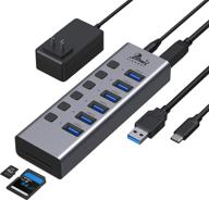 🔌 premium aluminum universal 8-port powered usb 3.0/usb c hub with sd/tf card readers, 6 high-speed usb 3.0 data ports, on/off power switches, 5v/4a ac adapter - compatible with pc, laptops, macbook pro/air, surface pro, hp logo