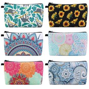 img 4 attached to 🌸 MAGEFY Makeup Bag - 6 Pack Floral Cosmetic Pouches with Black Zipper for Women - Portable Travel Makeup Bag Set for Girls - Sloth Gifts Included