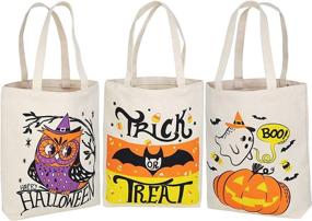 img 4 attached to Set of 3 Extra-Large 13.75” Halloween Tote Bags - Reusable Canvas Trick or Treat Bags, Perfect Pumpkin Party Favor Goodie Bags