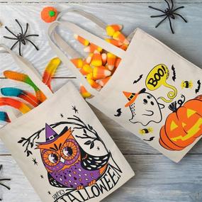 img 2 attached to Set of 3 Extra-Large 13.75” Halloween Tote Bags - Reusable Canvas Trick or Treat Bags, Perfect Pumpkin Party Favor Goodie Bags