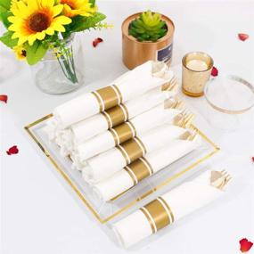 img 1 attached to 🍽️ WELLIFE 350 PCS Gold Plastic Dinnerware, Gold Square Plates, Pre Rolled Napkins with Gold Disposable Cutlery, 50 Gold Silverware Sets with Napkins" - Optimized Product Name: "WELLIFE 350 PCS Gold Plastic Dinnerware with Square Plates, Pre Rolled Napkins & Disposable Cutlery, 50 Sets including Gold Silverware and Napkins