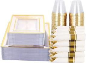 img 4 attached to 🍽️ WELLIFE 350 PCS Gold Plastic Dinnerware, Gold Square Plates, Pre Rolled Napkins with Gold Disposable Cutlery, 50 Gold Silverware Sets with Napkins" - Optimized Product Name: "WELLIFE 350 PCS Gold Plastic Dinnerware with Square Plates, Pre Rolled Napkins & Disposable Cutlery, 50 Sets including Gold Silverware and Napkins