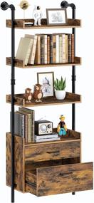 img 4 attached to 📚 Rustic Brown 4-Tier Industrial Bookshelf with Wooden Drawers - Wall Mounted Display Storage Rack for Living Room by Rolanstar