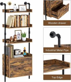 img 1 attached to 📚 Rustic Brown 4-Tier Industrial Bookshelf with Wooden Drawers - Wall Mounted Display Storage Rack for Living Room by Rolanstar