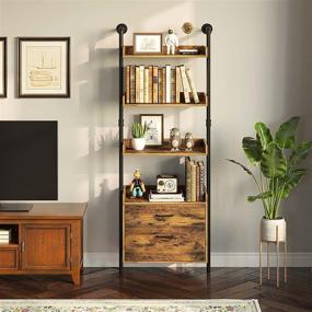 img 3 attached to 📚 Rustic Brown 4-Tier Industrial Bookshelf with Wooden Drawers - Wall Mounted Display Storage Rack for Living Room by Rolanstar