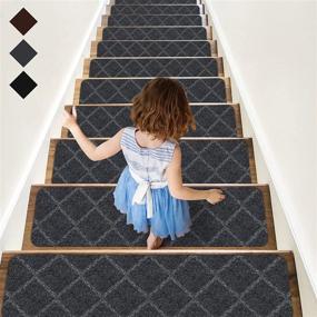 img 4 attached to 🚪 RIOLAND Non-Slip Carpet Stair Treads - Set of 15 Modern Wood Stair Treads Rugs, Anti-Moving, Safety for Kids, Dogs - Diamond Gray, 8" X 30