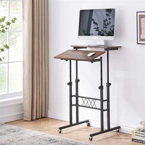 img 2 attached to VECELO Height-Adjustable Stand Up Desk, Portable Laptop Cart with Wheels, Mobile Computer Workstation for Home Office, Black and Wood Grain Finish