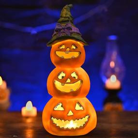 img 4 attached to 🎃 Versatile 12 Inch Tall Resin Pumpkins: Battery or USB Powered Halloween Decorations with Witch Hat - Ideal Night Table Lamp for Kids Room, Bedroom, or Party Decor