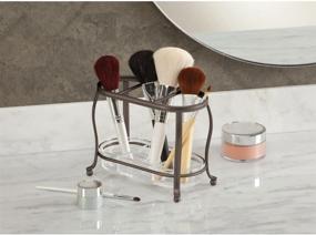 img 2 attached to 👝 mDesign Makeup Brush Storage Organizer Tray Stand for Bathroom Vanity, Dressing Tables, and Cosmetics - 3 Sections with Removable Bottom Tray - 2 Pack - Bronze/Clear